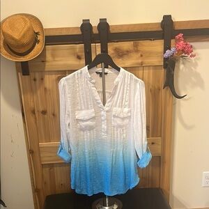 Zac & Rachel White and Blue Relaxed Blouse with Mandarin Collar